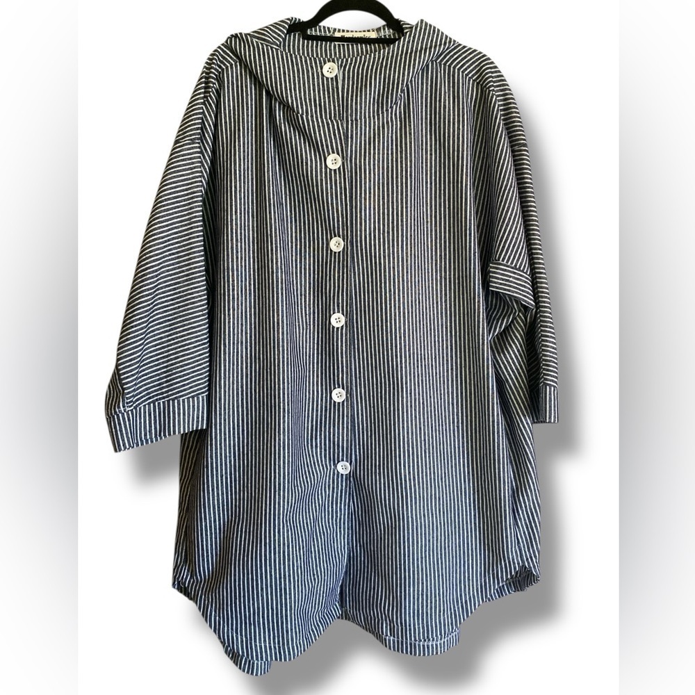 Hooded Denim Jacket Geometric Striped - Picture 2 of 15